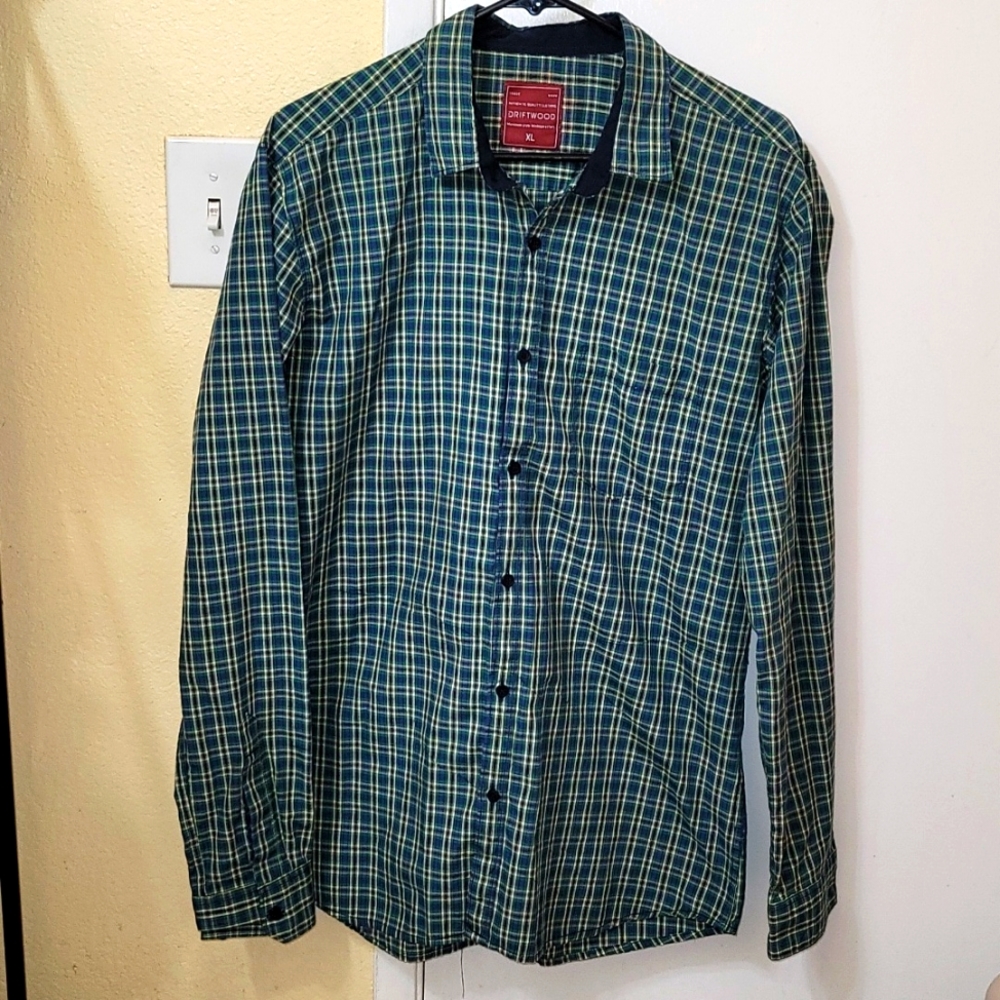 Driftwood mens button down shirt plaid green blue cotton